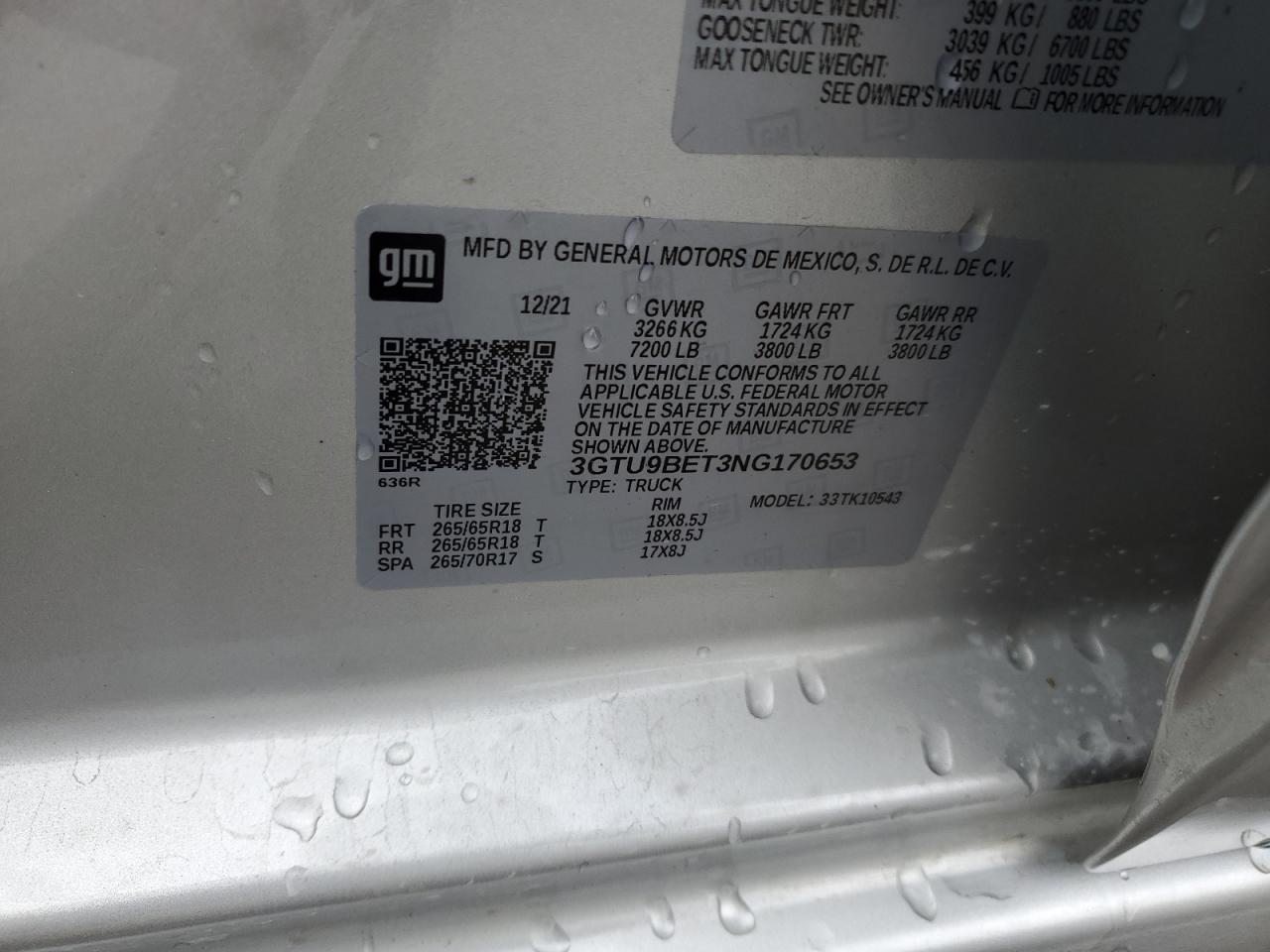 2022 GMC SIERRA LIMITED K1500 SLE VIN:3GTU9BET3NG170653