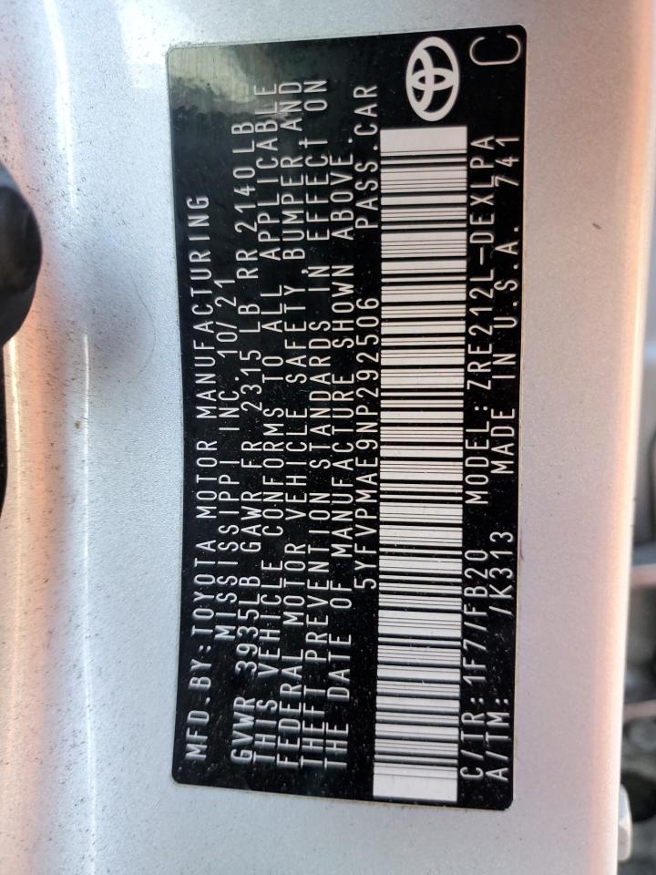 2022 TOYOTA COROLLA LE VIN:5YFVPMAE9NP292506