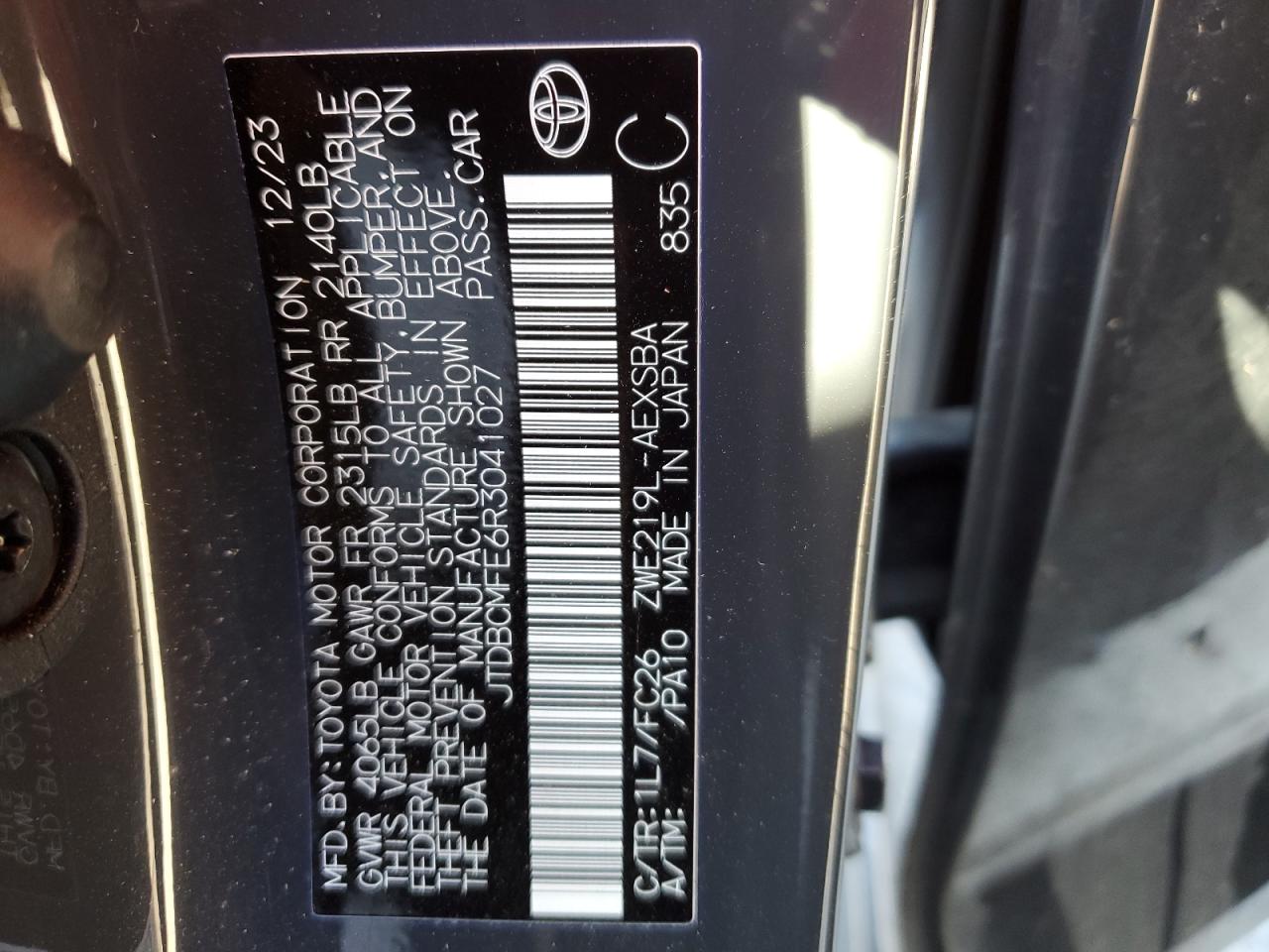 2024 TOYOTA COROLLA LE VIN:JTDBCMFE6R3041027