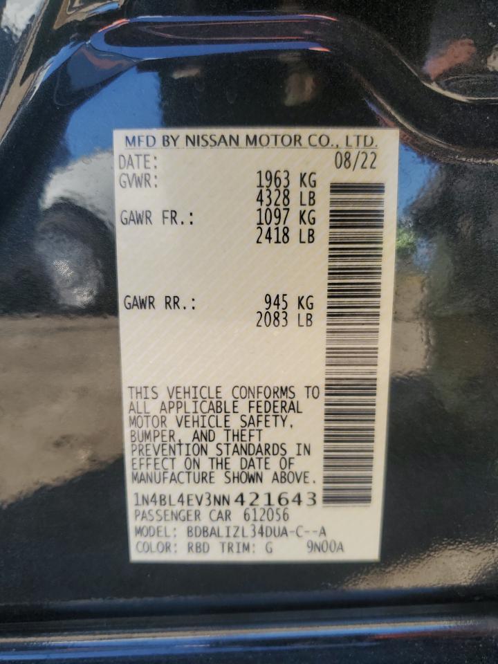 2022 NISSAN ALTIMA SL VIN:1N4BL4EV3NN421643