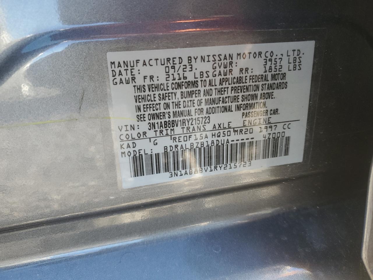2024 NISSAN SENTRA S VIN:3N1AB8BV1RY215723