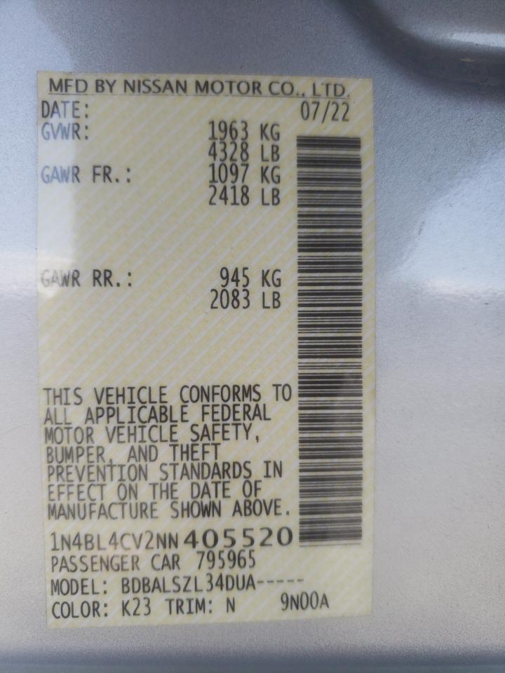 2022 NISSAN ALTIMA SR VIN:1N4BL4CV2NN405520