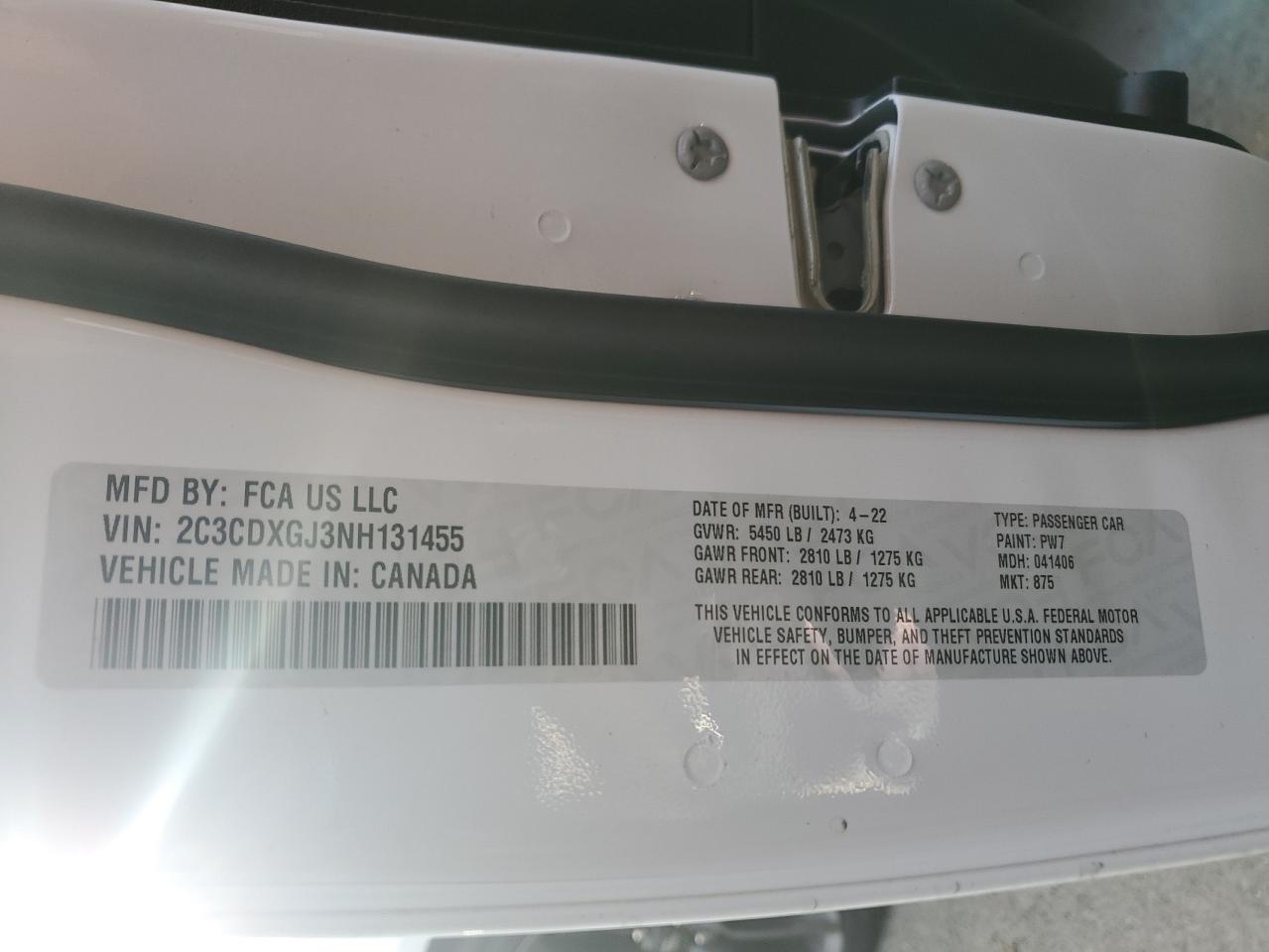 2022 DODGE CHARGER SCAT PACK VIN:2C3CDXGJ3NH131455