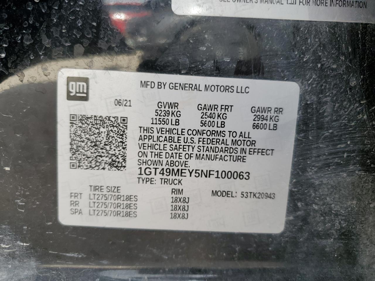 2022 GMC SIERRA K2500 SLE VIN:1GT49MEY5NF100063