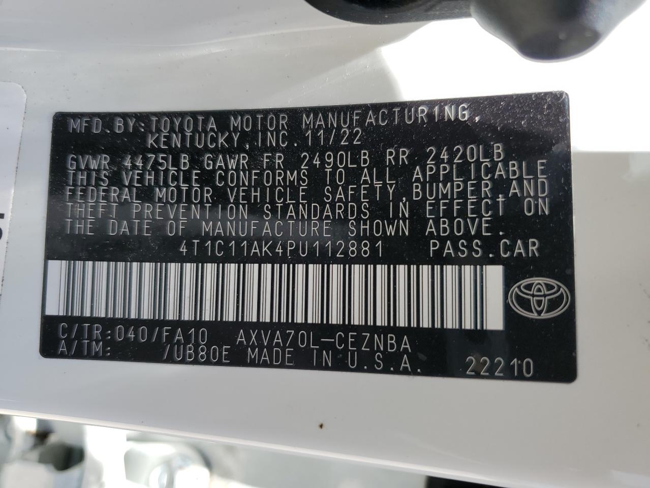 2023 TOYOTA CAMRY LE VIN:4T1C11AK4PU112881