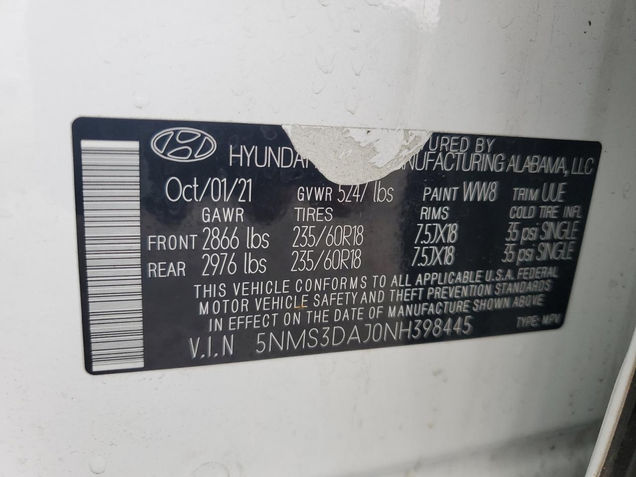2022 HYUNDAI SANTA FE SEL VIN:5NMS3DAJ0NH398445