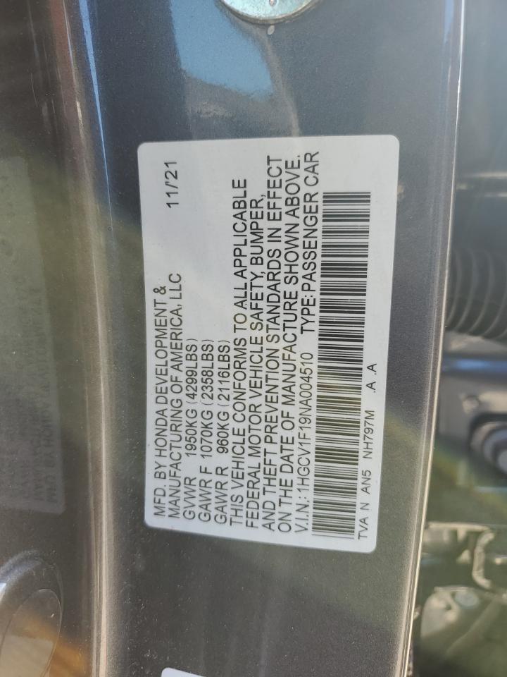 2022 HONDA ACCORD LX VIN:1HGCV1F19NA004510