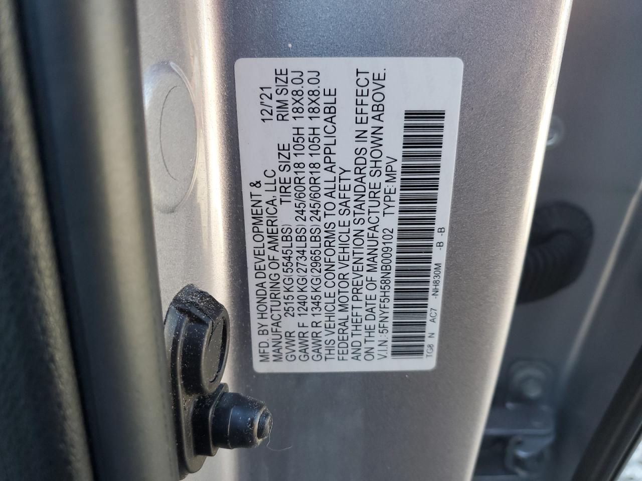2022 HONDA PILOT EXL VIN:5FNYF5H58NB009102