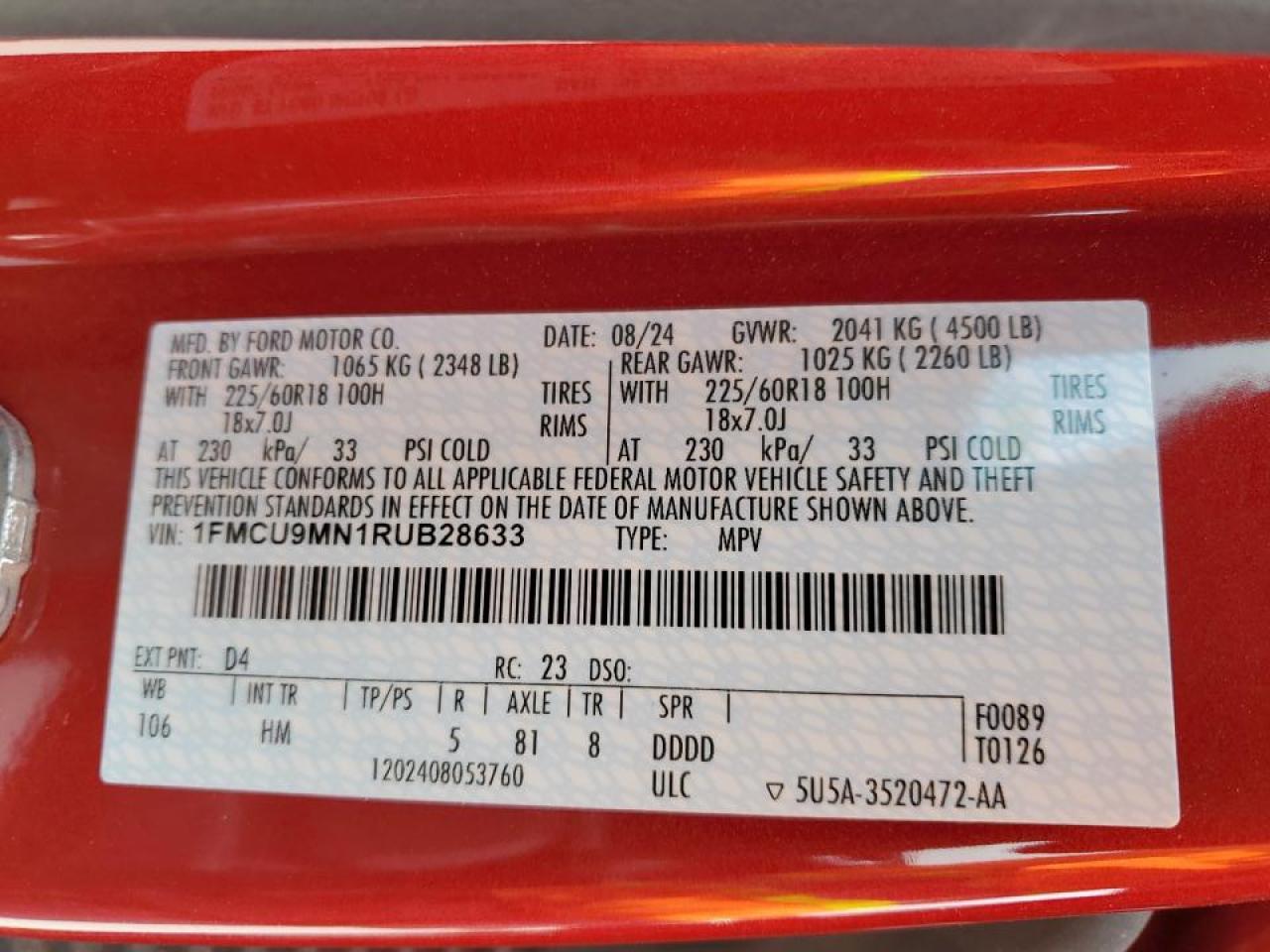 2024 FORD ESCAPE ST LINE VIN:1FMCU9MN1RUB28633