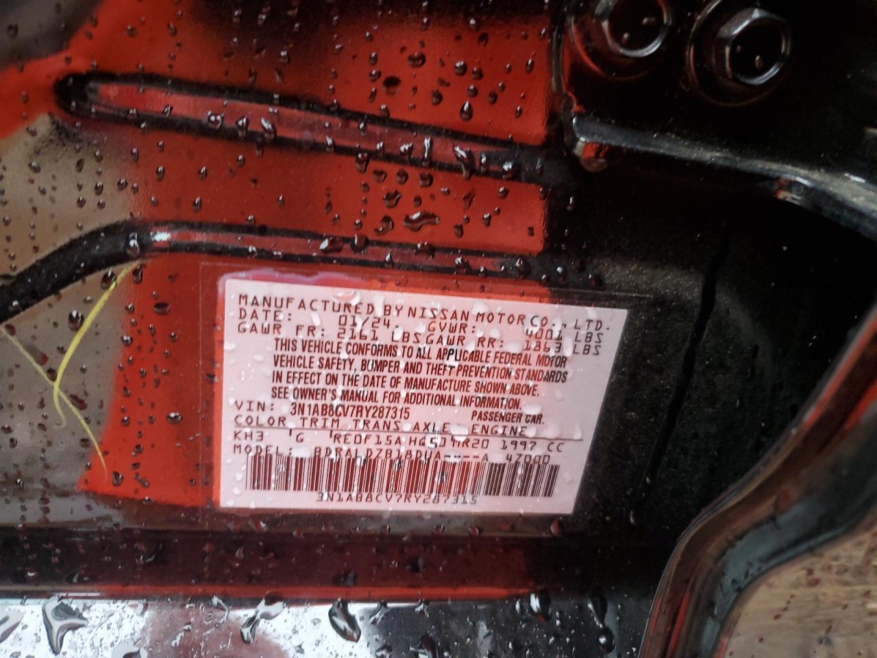 2024 NISSAN SENTRA SV VIN:3N1AB8CV7RY287315