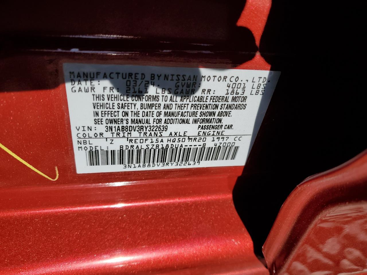 2024 NISSAN SENTRA SR VIN:3N1AB8DV3RY322639