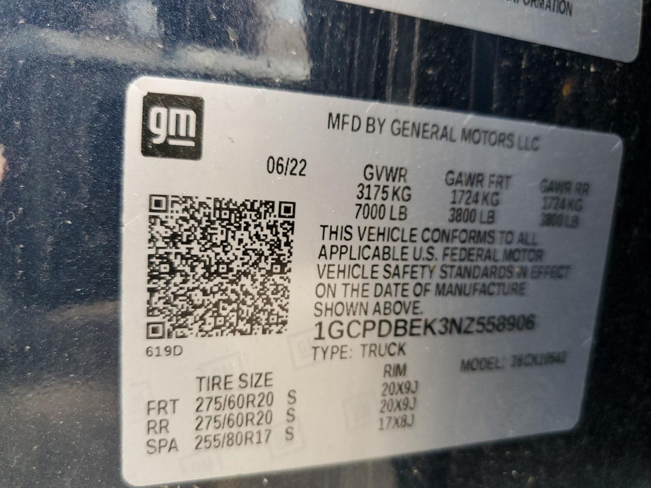 2022 CHEVROLET SILVERADO K1500 CUSTOM VIN:1GCPDBEK3NZ558906