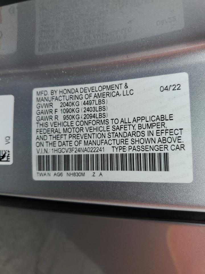 2022 HONDA ACCORD HYBRID SPORT VIN:1HGCV3F24NA022241