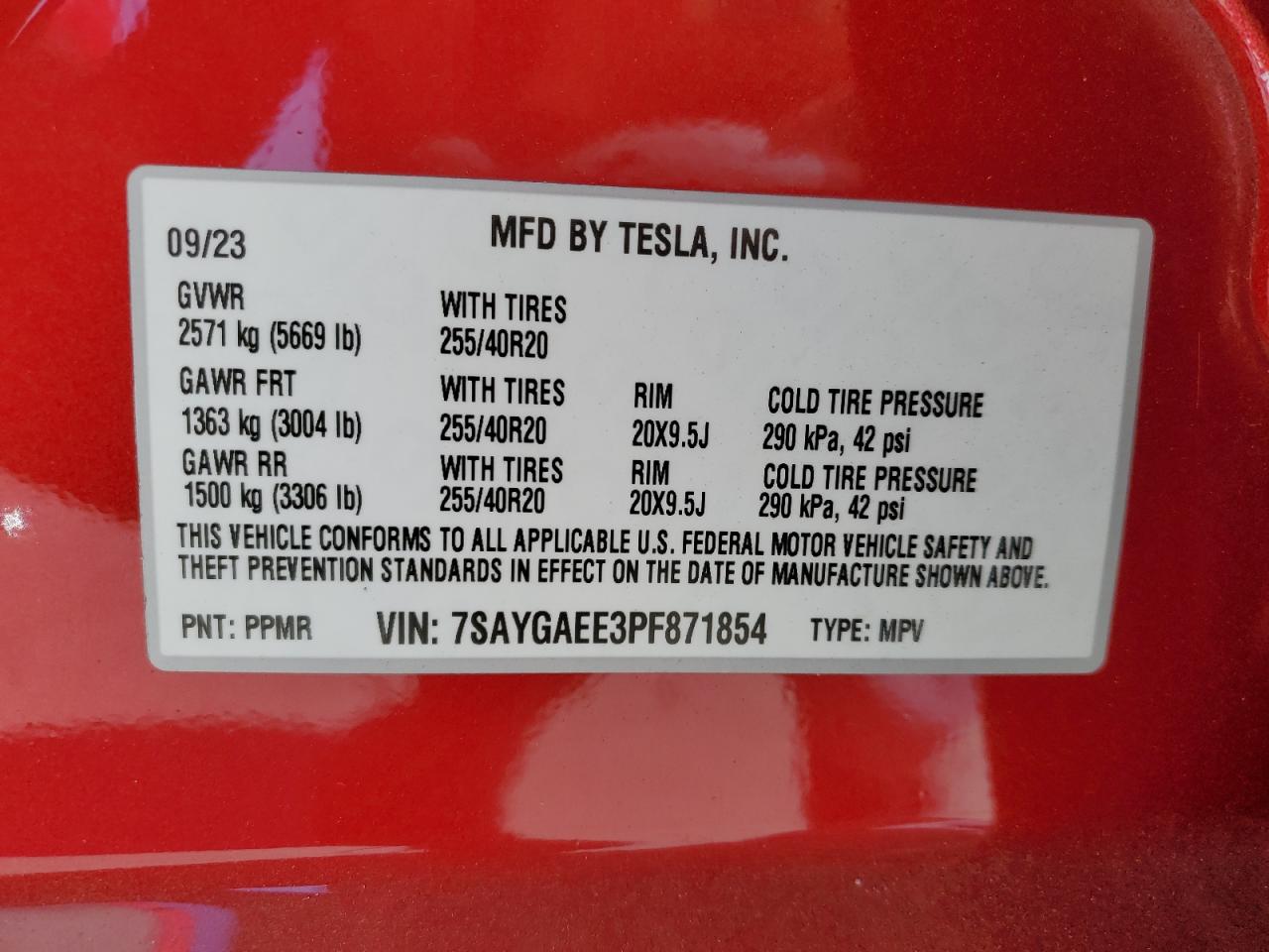 2023 TESLA MODEL Y  VIN:7SAYGAEE3PF871854