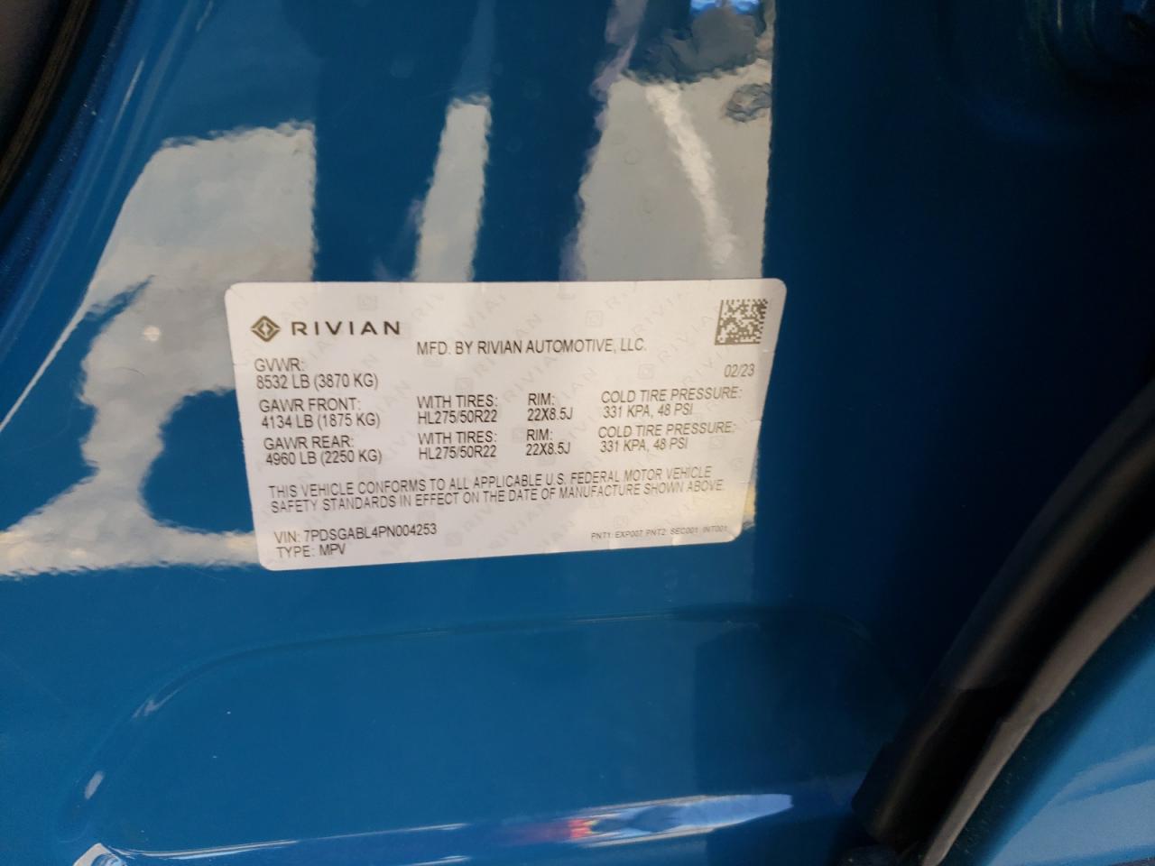 2023 RIVIAN R1S LAUNCH EDITION VIN:7PDSGABL4PN004253