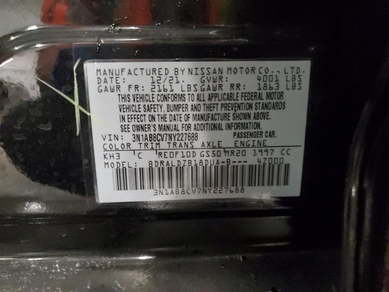 2022 NISSAN SENTRA SV VIN:3N1AB8CV7NY227688