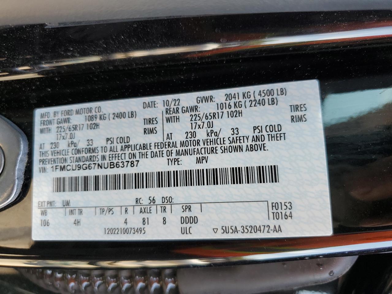 2022 FORD ESCAPE SE VIN:1FMCU9G67NUB63787