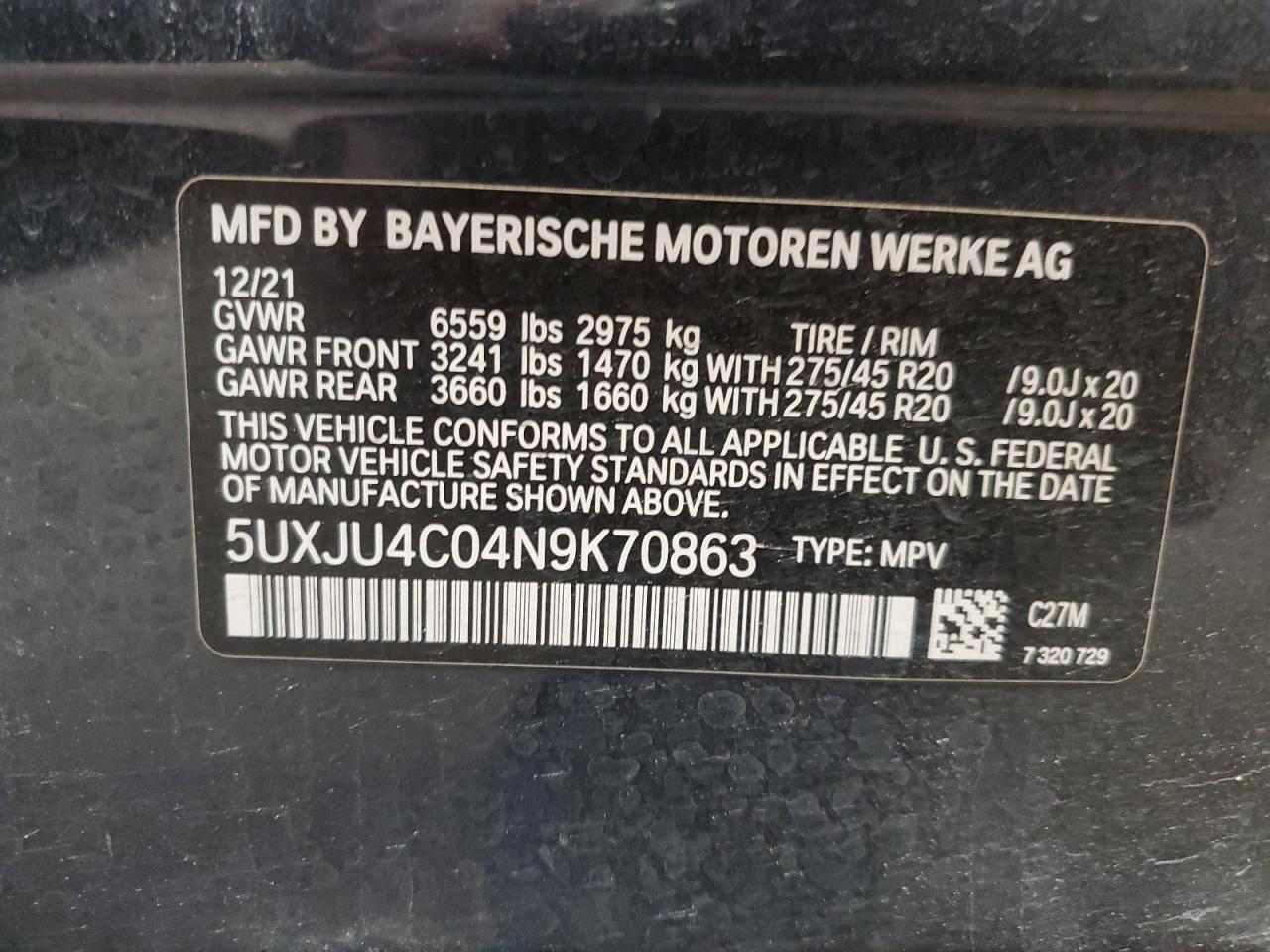 2022 BMW X5 M50I VIN:5UXJU4C04N9K70863