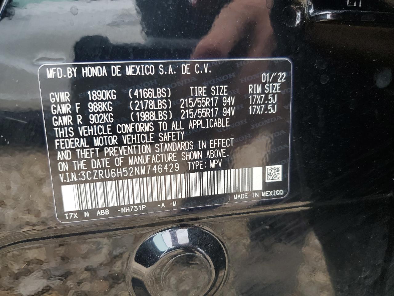 2022 HONDA HR-V EX VIN:3CZRU6H52NM746429
