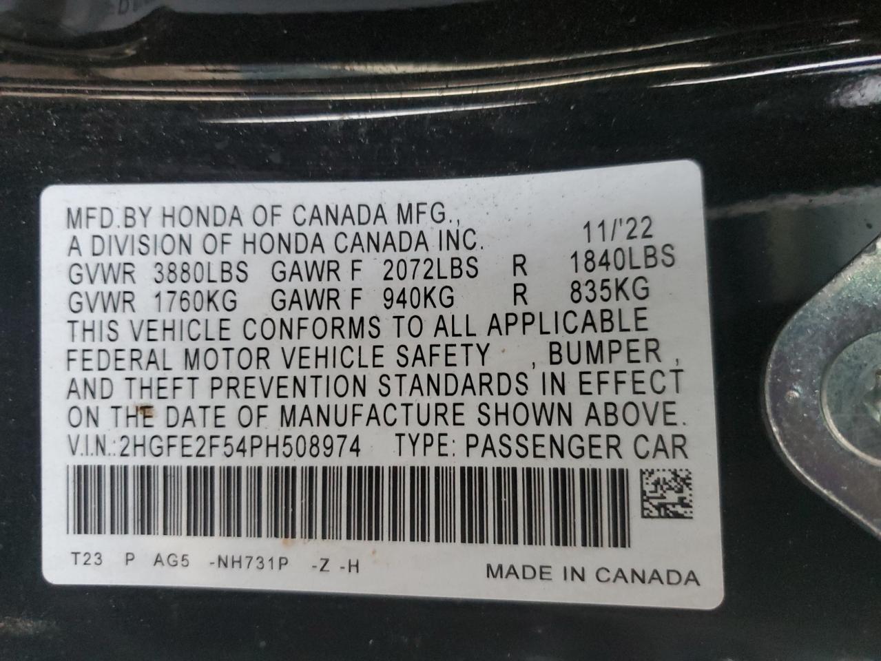 2023 HONDA CIVIC SPORT VIN:2HGFE2F54PH508974