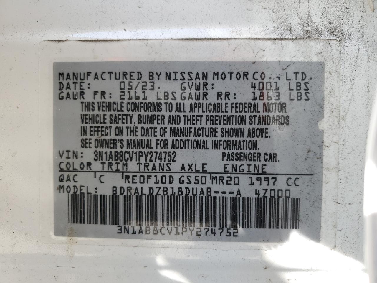 2023 NISSAN SENTRA SV VIN:3N1AB8CV1PY274752