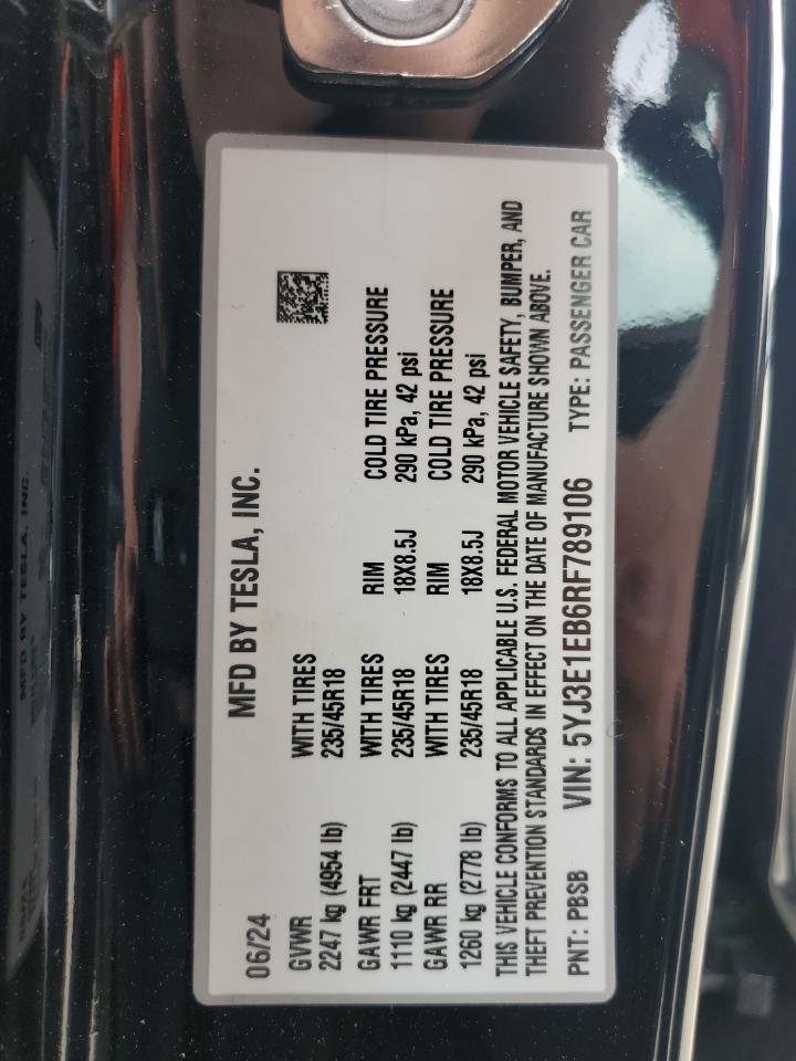 2024 TESLA MODEL 3  VIN:5YJ3E1EB6RF789106