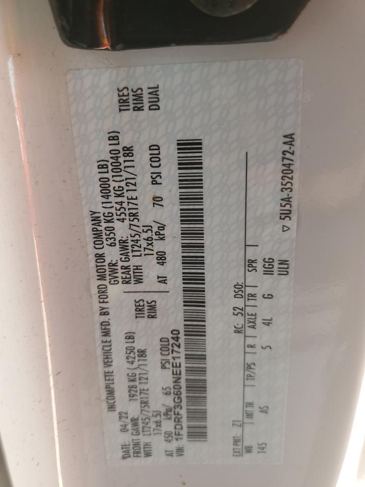 2022 FORD F350 SUPER DUTY VIN:1FDRF3G60NEE17240