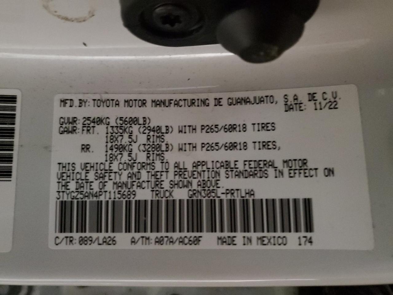 2023 TOYOTA TACOMA DOUBLE CAB VIN:3TYGZ5AN4PT115689