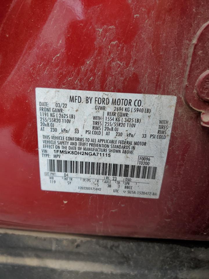 2022 FORD EXPLORER XLT VIN:1FMSK8DH2NGA71115