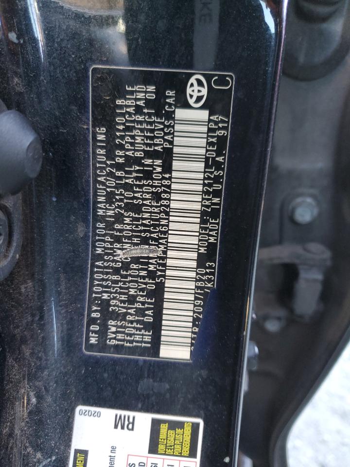 2022 TOYOTA COROLLA LE VIN:5YFEPMAE6NP288784