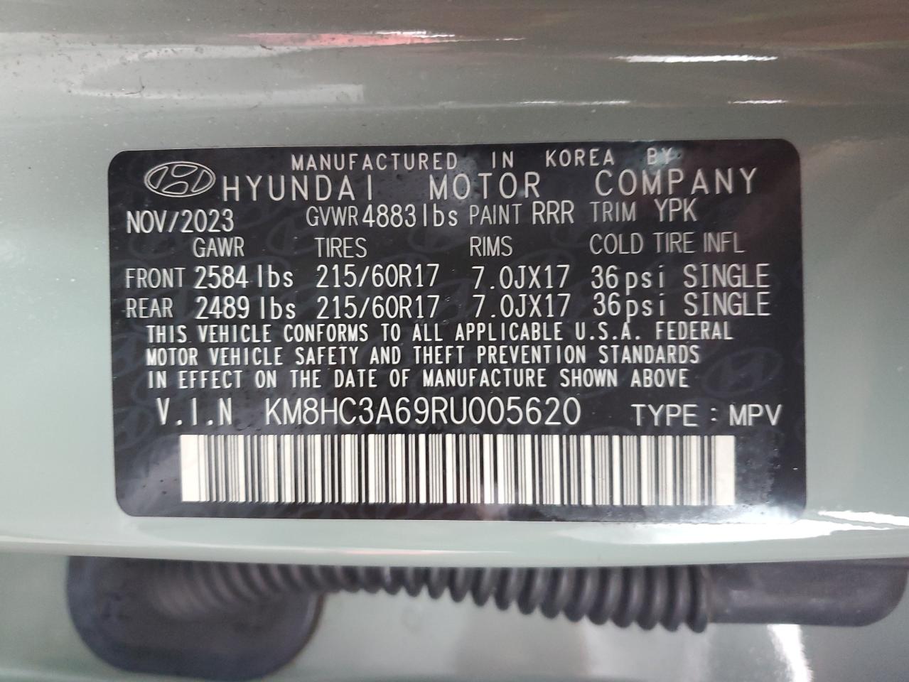 2024 HYUNDAI KONA SEL VIN:KM8HC3A69RU005620