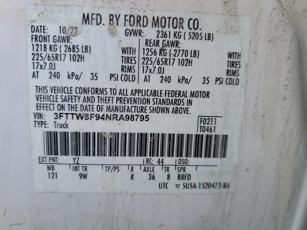 2022 FORD MAVERICK XL VIN:3FTTW8F94NRA98795