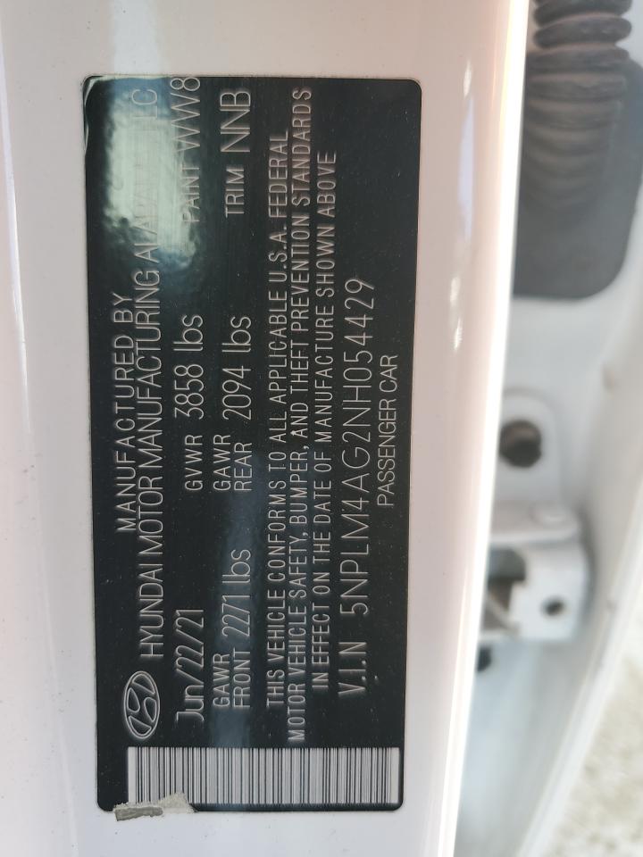 2022 HYUNDAI ELANTRA SEL VIN:5NPLM4AG2NH054429