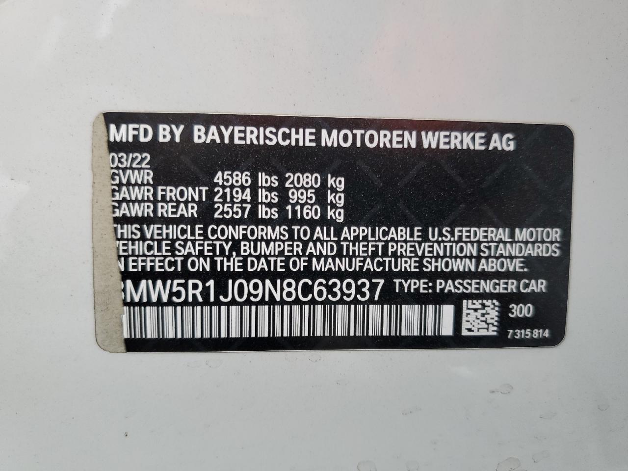 2022 BMW 330I  VIN:3MW5R1J09N8C63937
