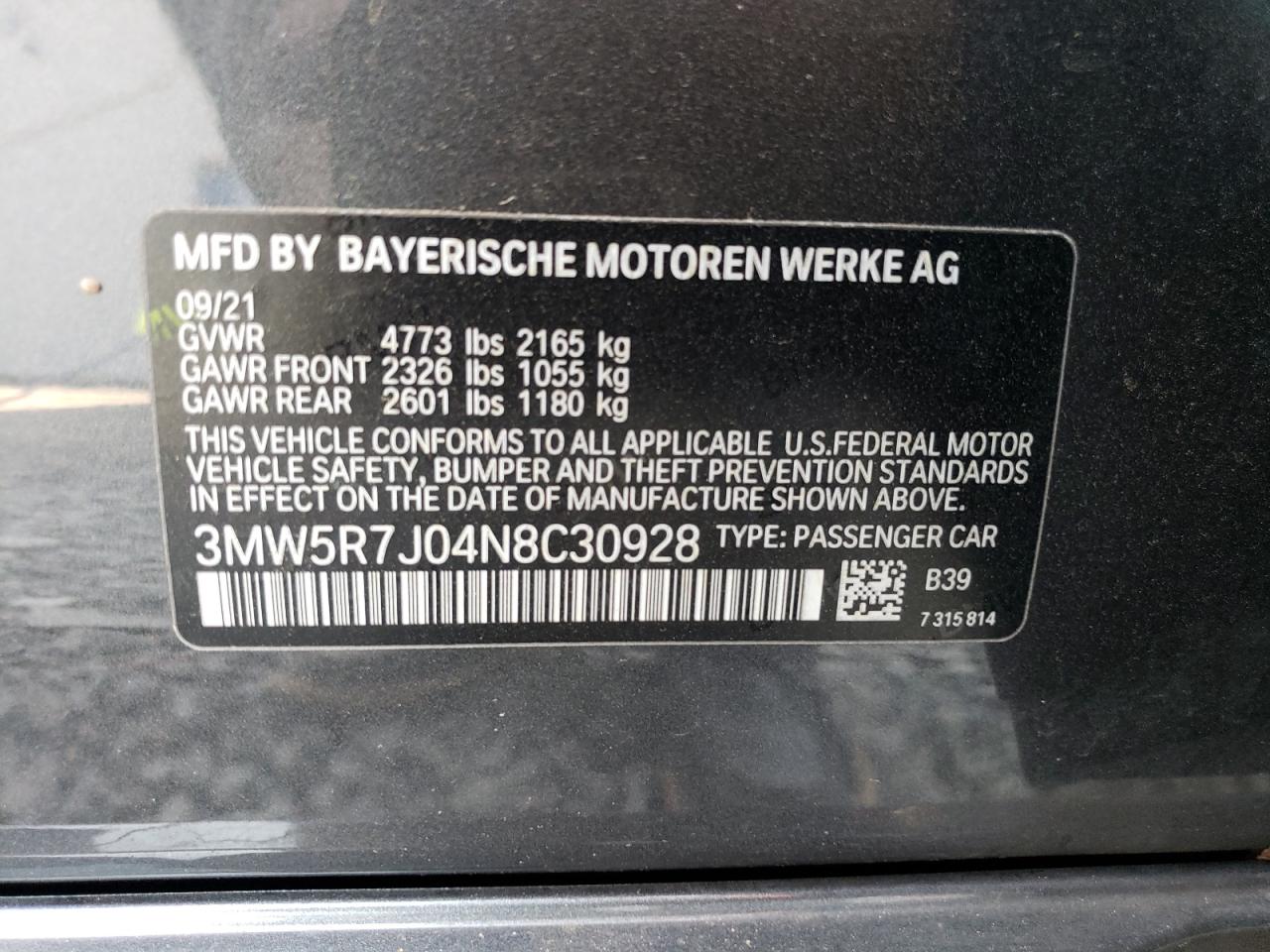 2022 BMW 330XI  VIN:3MW5R7J04N8C30928