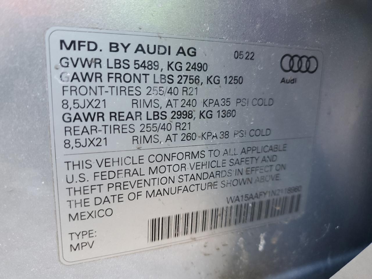 2022 AUDI Q5 SPORTBACK PRM PLS 45 VIN:WA15AAFY1N2118960