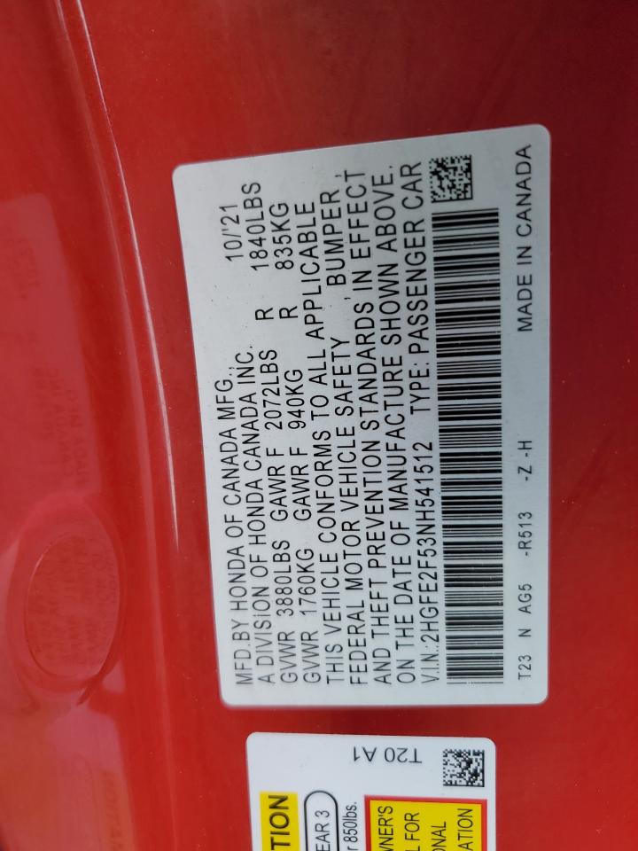 2022 HONDA CIVIC SPORT VIN:2HGFE2F53NH541512