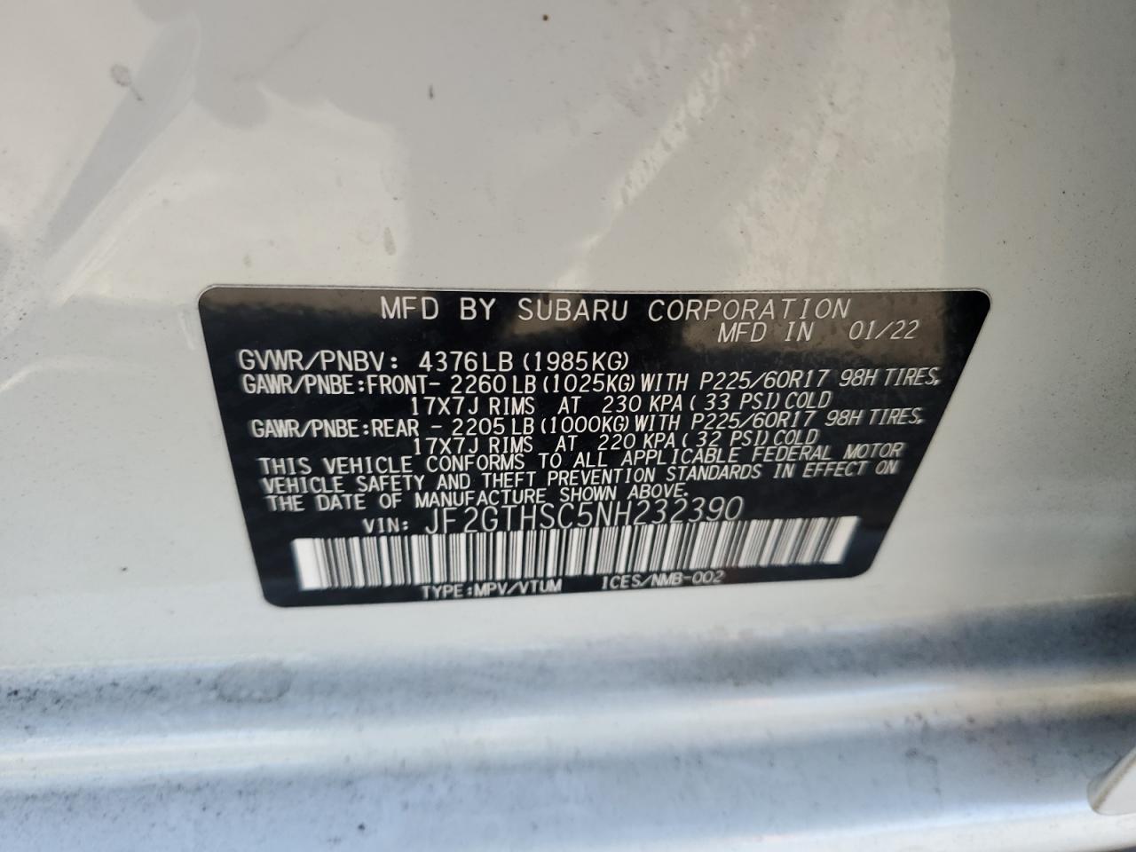 2022 SUBARU CROSSTREK SPORT VIN:JF2GTHSC5NH232390