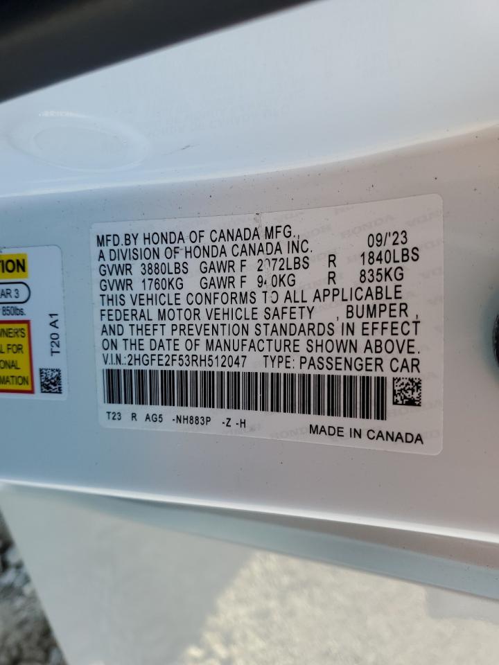 2024 HONDA CIVIC SPORT VIN:2HGFE2F53RH512047