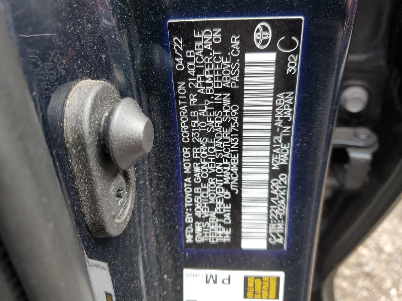 2022 TOYOTA COROLLA XSE VIN:JTNC4MBE1N3175490