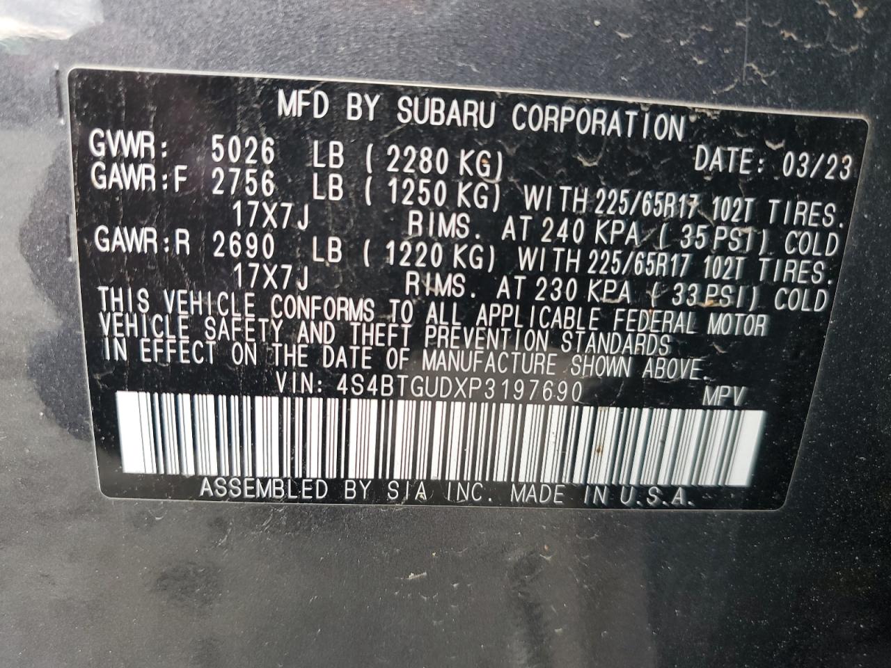 2023 SUBARU OUTBACK WILDERNESS VIN:4S4BTGUDXP3197690