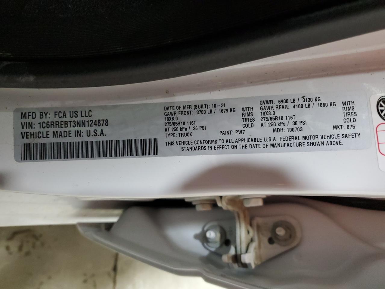 2022 RAM 1500 BIG HORN/LONE STAR VIN:1C6RREBT3NN124878