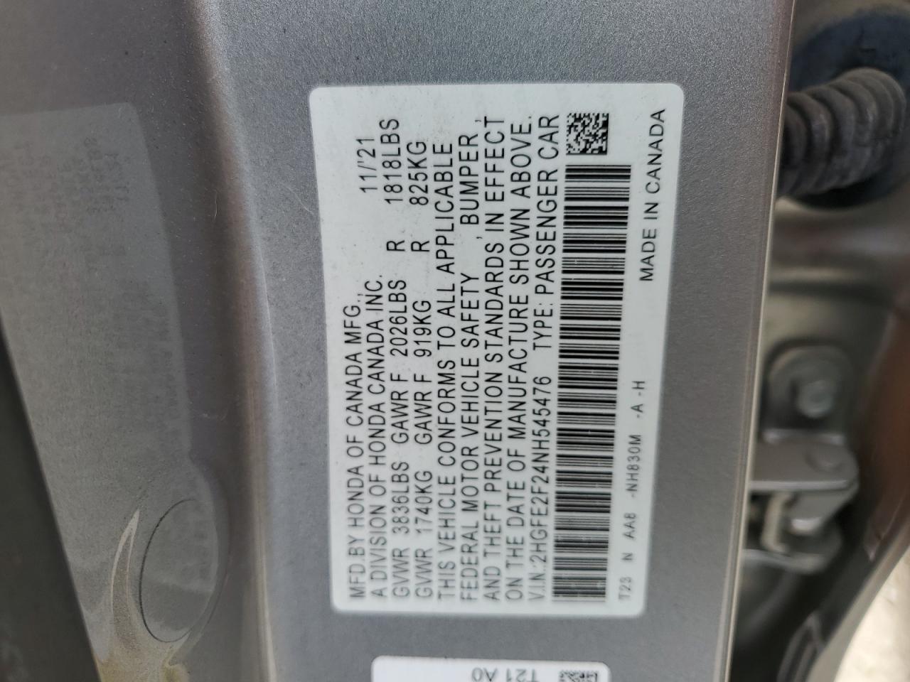 2022 HONDA CIVIC LX VIN:2HGFE2F24NH545476