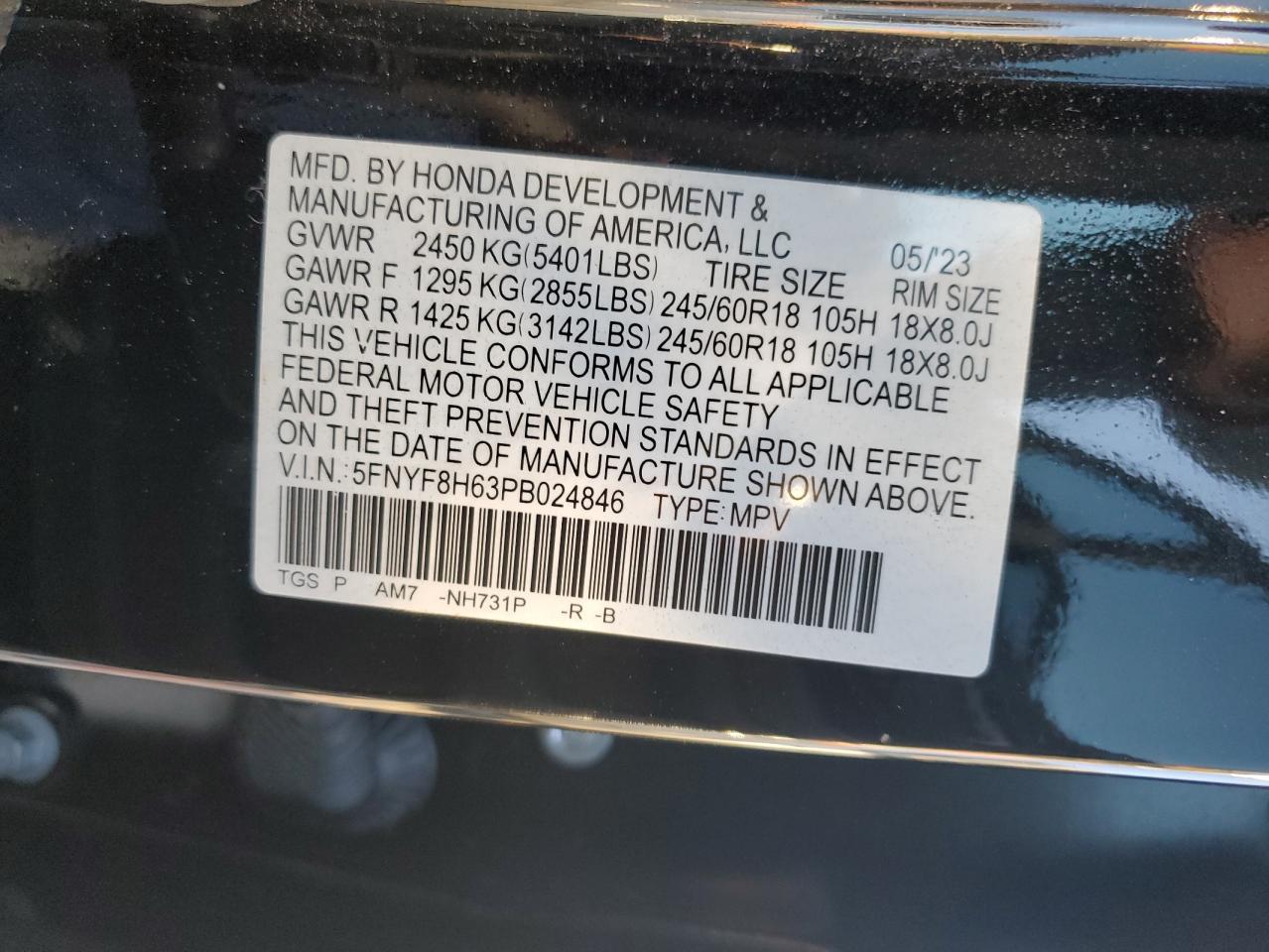 2023 HONDA PASSPORT TRAIL SPORT VIN:5FNYF8H63PB024846