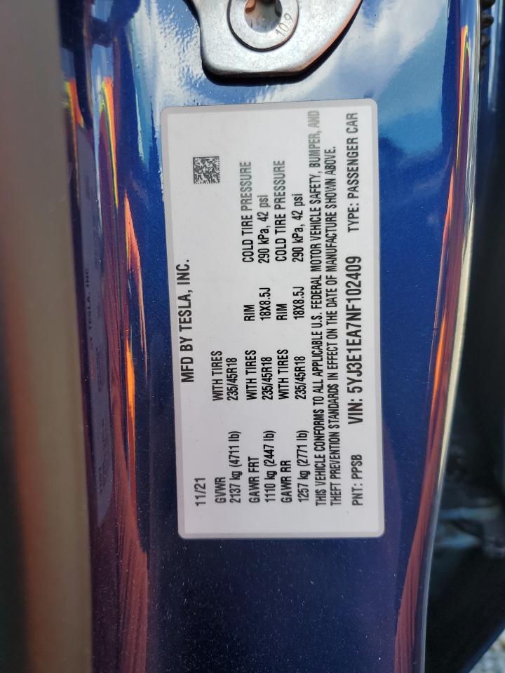 2022 TESLA MODEL 3  VIN:5YJ3E1EA7NF102409