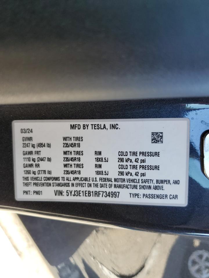 2024 TESLA MODEL 3  VIN:5YJ3E1EB1RF734997