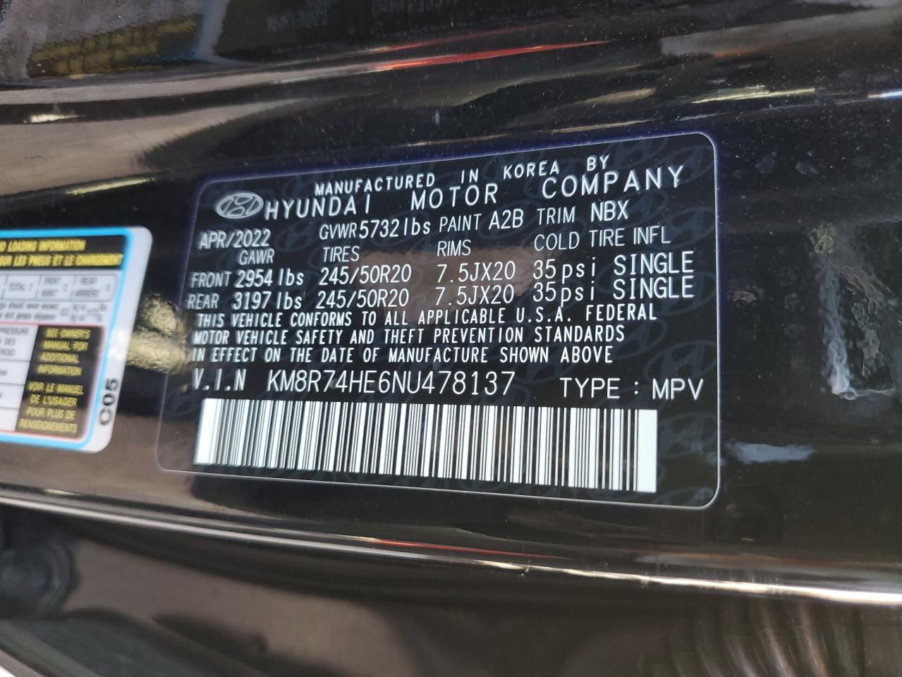 2022 HYUNDAI PALISADE CALLIGRAPHY VIN:KM8R74HE6NU478137