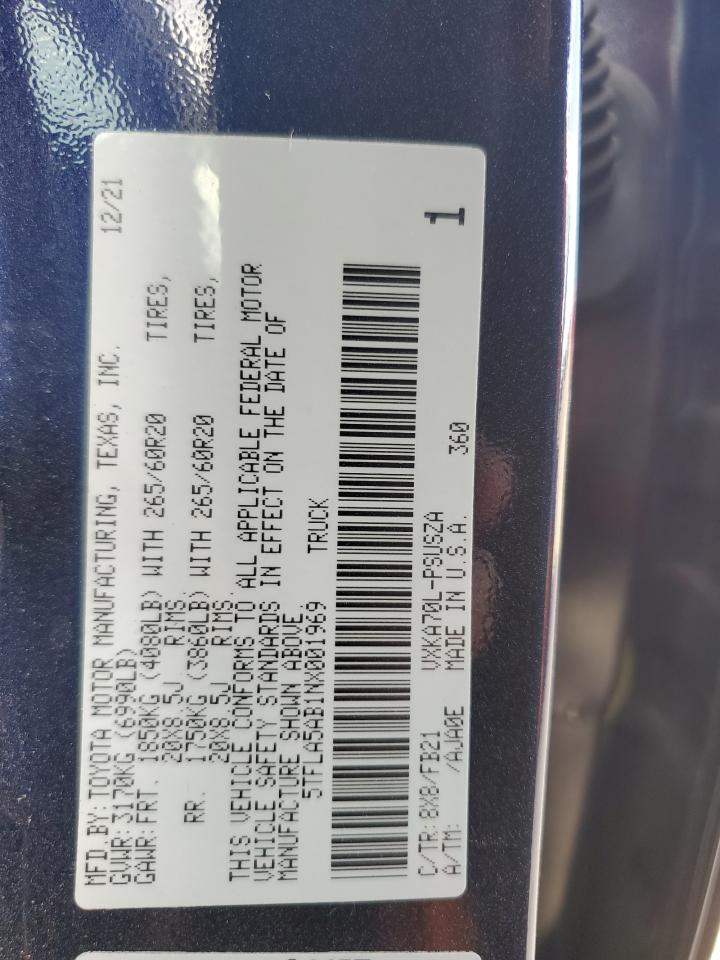 2022 TOYOTA TUNDRA CREWMAX SR VIN:5TFLA5AB1NX001969