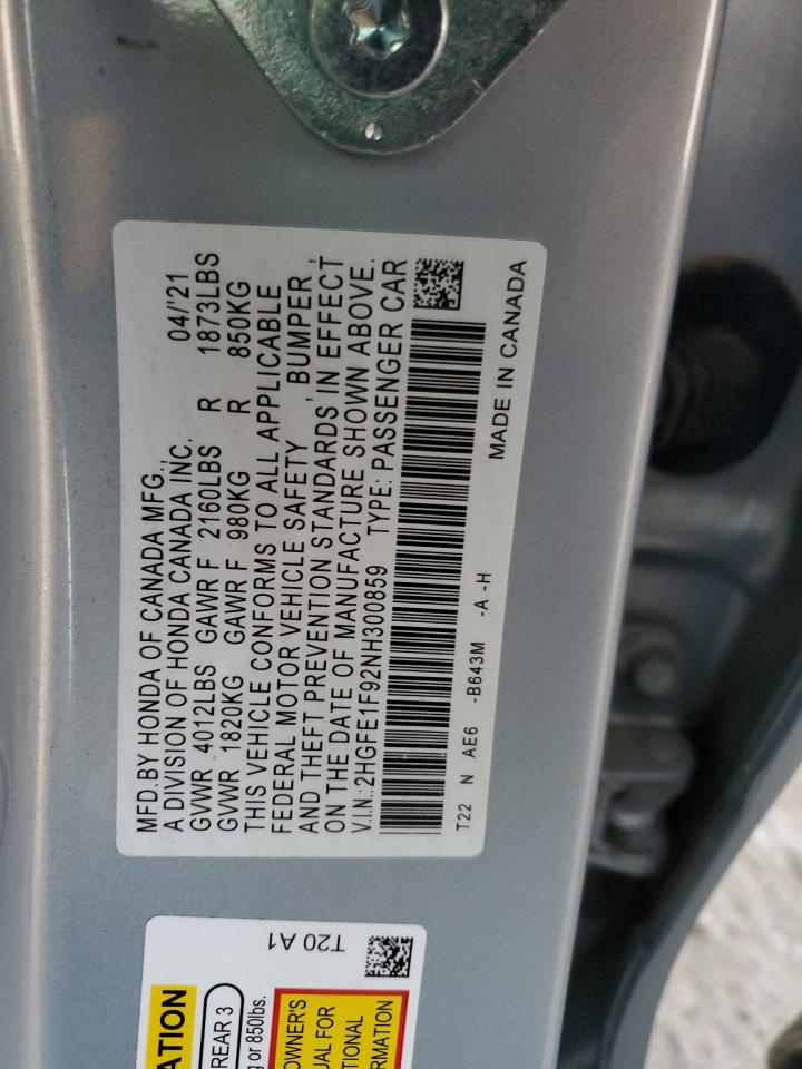 2022 HONDA CIVIC TOURING VIN:2HGFE1F92NH300859