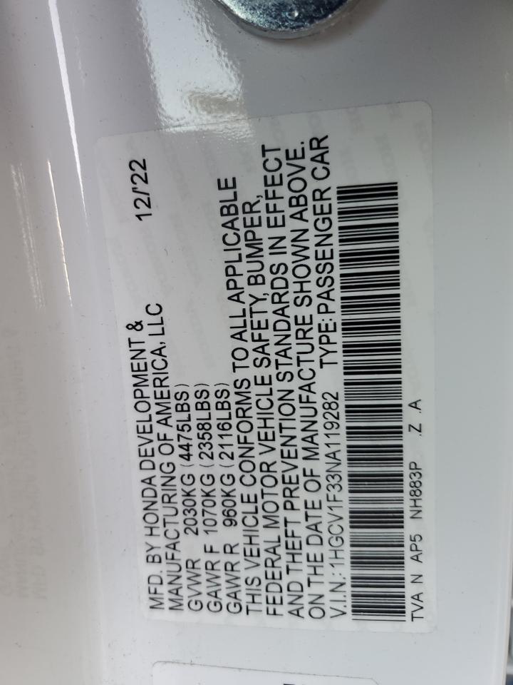 2022 HONDA ACCORD SPORT VIN:1HGCV1F33NA119282